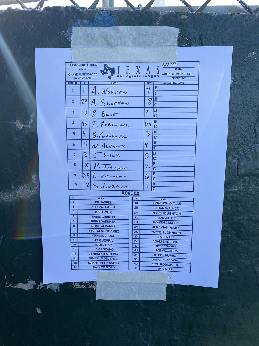 Game 2 Starting Lineup vs Arlington Baptist
