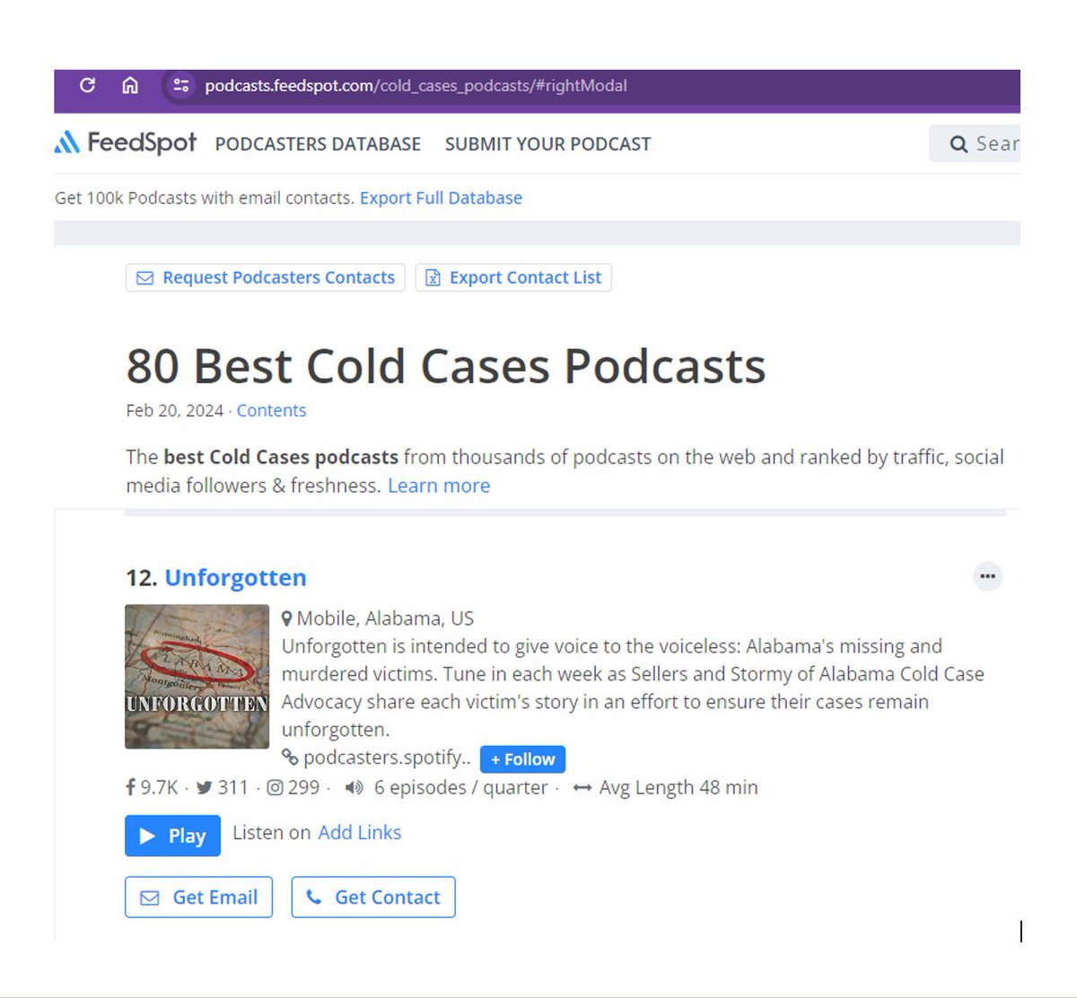 ALColdCase's tweet photo. So, 'twas doing an online search &amp; what'd I see? "80 Best Cold Cases Podcasts." To my surprise, #Unforgotten's #12! TY for listening, but, mainly for caring about the cases we share &amp; raising awareness. That's what it's about! ~Stormy #nomorecoldcases
https://t.co/9rjmg1GwLQ https://t.co/8IT2BpukhQ