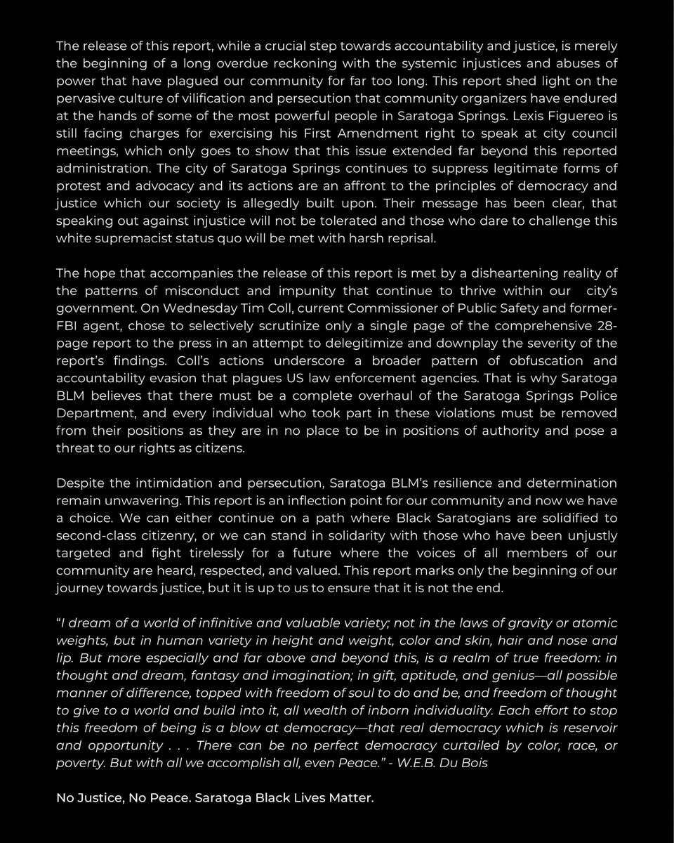 SaratogaBLM's tweet photo. Here is our official statement on the @NewYorkStateAG report into civil rights violations at the hands of city officials and police in Saratoga Springs, NY
#TakeBackTheNarrative #SaratogaBLM #NoJusticeNoPeace https://t.co/Ot7j0MuKZA