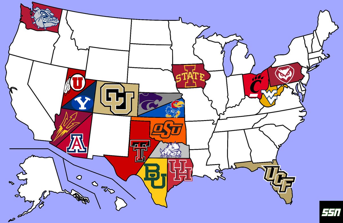 Sidelines_SN's tweet photo. With the ACC working to close the $ gap with the SEC/B1G, the Big 12 seems to have no choice but further expansion if they want to keep up.
Commissioner Yormark has stated he'd like to see the conf. become the premier CBB conf in the nation, but what form could this take?
The easiest plug & plays remain Wazzu/OSU, both have solid FB programs & Wazzu BB is currently the best team in the Pac 12 and ranked #21.
The Big 12 could go after UConn & SDSU. The Huskies were heavily rumored to be next in line for the Big 12 & SDSU fancies themselves P4 ready but was burned by the Pac 12. Both programs are annual national contenders.
The combinations get increasingly random now. Gonzaga & the Big 12 have been in talks for years now but the Zags can't seem to pull the trigger. Out east, Temple bring the Philly market, a top 25 historical BB program, & a Big East rival for Cincy/WVU/UCF
Lastly are two really good FB & BB programs in Boise & Memphis. Both deserve a shot at the P4 but likely neither will get it.
Obviously you can mix these scenarios in any combination, plus other candidates exist (USF, Tulane, UNLV, Fresno, CSU, UNM). Which 2 teams do you think are most likely to be #17 & #18 for the Big 12?
