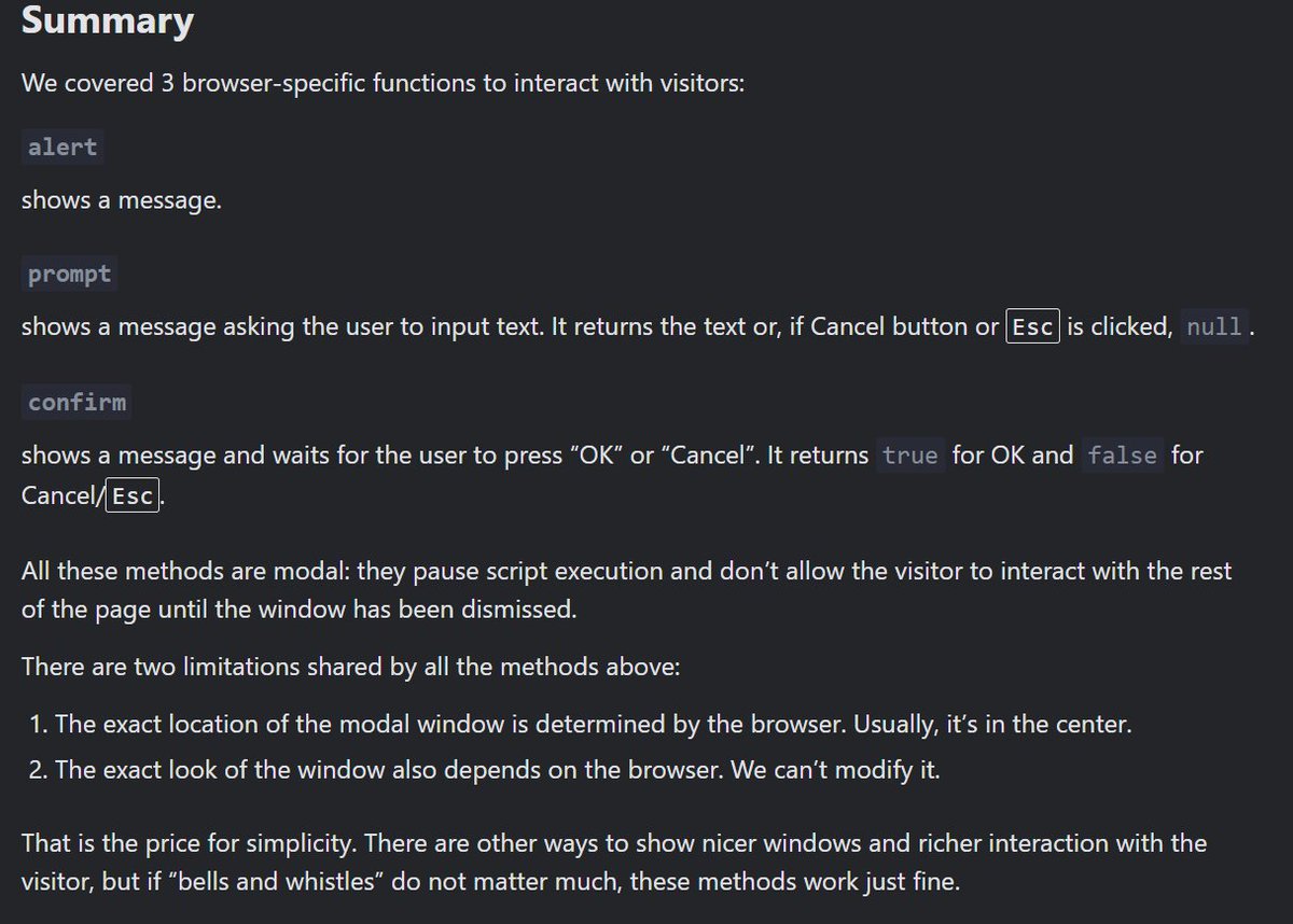 samuel12_tessy's tweet image. Day 4 of #100DaysOfCode
Today I learnt about the three popup boxes in JS which include 'alert', 'prompt', and 'confirm', and their uses too.
Although I'm still a bit confused about when and how to use it, I know I will understand as I get to use it more often.
#javacript