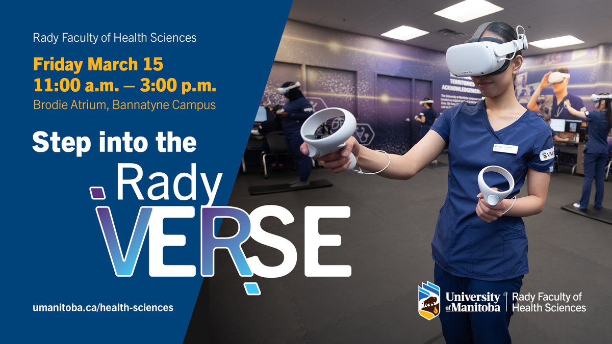 Rady faculty, staff and students are invited to witness up-close demonstrations of VR scenarios that intersect with various health sciences. Friday, March 15, 11am-3pm at the Brodie Atrium, Bannatyne campus. eventscalendar.umanitoba.ca/site/healthsci…