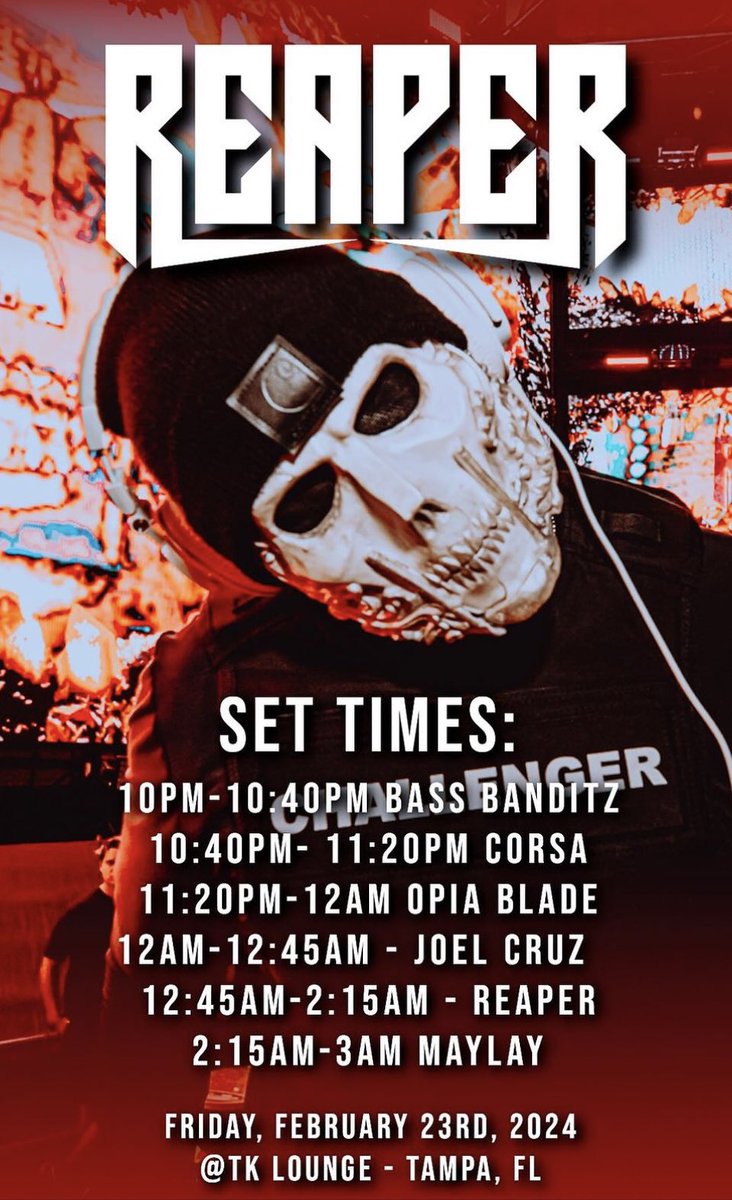 💀 TONIGHT 

💀 REAPER RETURNS TO TK 

💀 It's gonna be an absolutely insane SOLD OUT night, see you all at 10PM 🫡