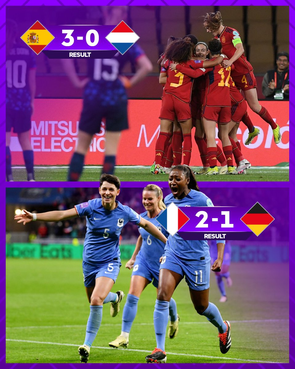 WEURO's tweet photo. ⏰ RESULTS ⏰

Spain and France advance to the final! 👏👏

#UWNL https://t.co/kc3bwQoT9h