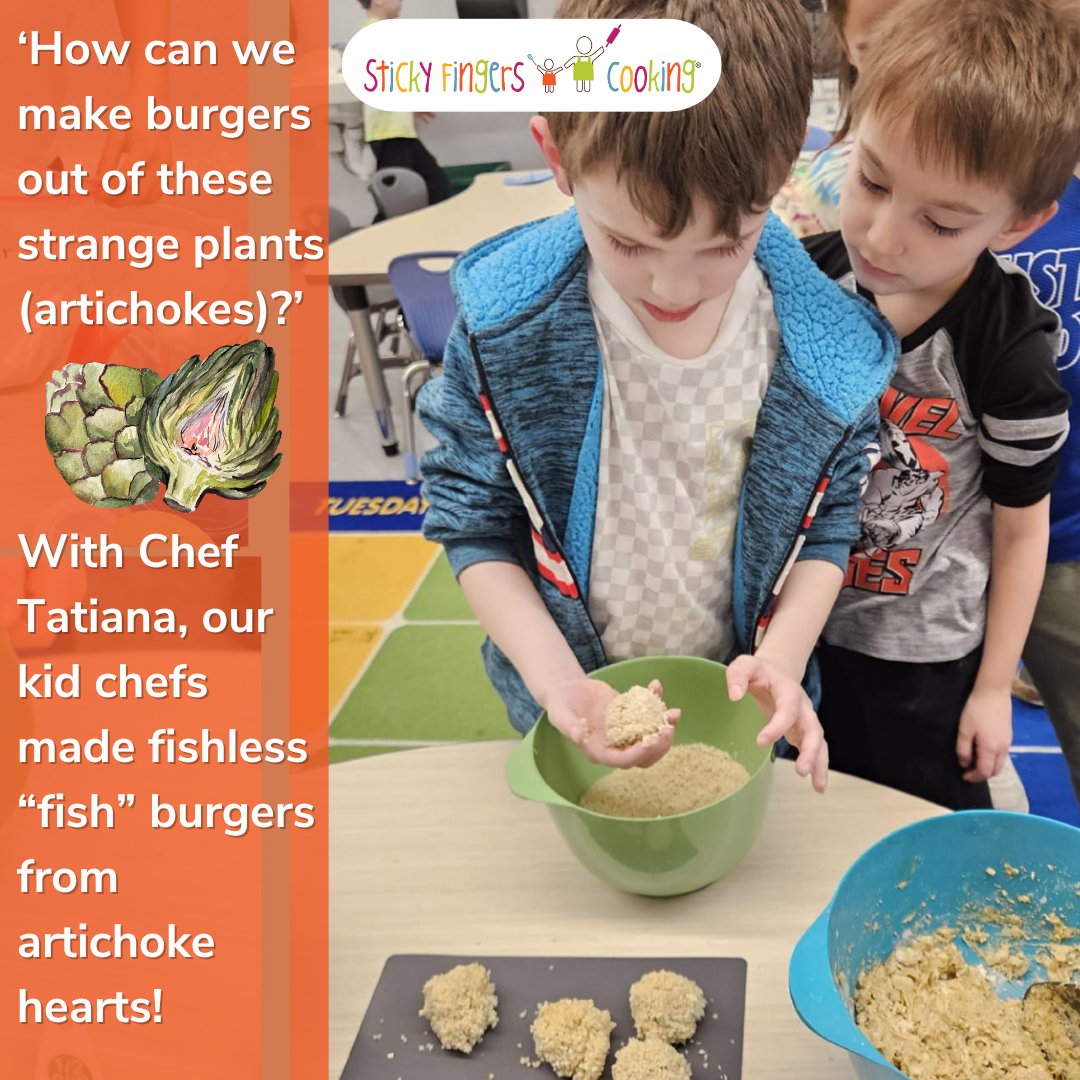 StickyFingersCO's tweet image. ‘How can we make burgers out of these strange plants (artichokes)?’
With Chef Tatiana, our kid chefs made fishless “fish” burgers from artichoke hearts!

Our RECIPE OF THE WEEK this week really blew some minds! Hurray for Fearless #Fishless Fish Fry + #Artichoke Tartar Sauce!
