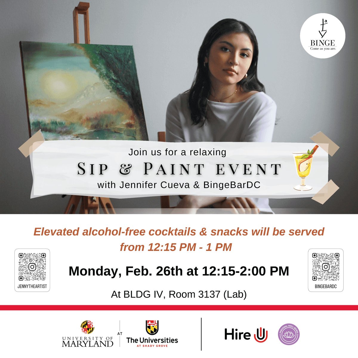 Indulge your tastebuds while exploring art at the Undergraduate Communication Association’s Paint & Sip event on Monday, February 26! The session will be led by @UofMaryland at USG Commication student, Jennifer Cueva, and non-alcoholic cocktails will be provided by BingeBar DC.