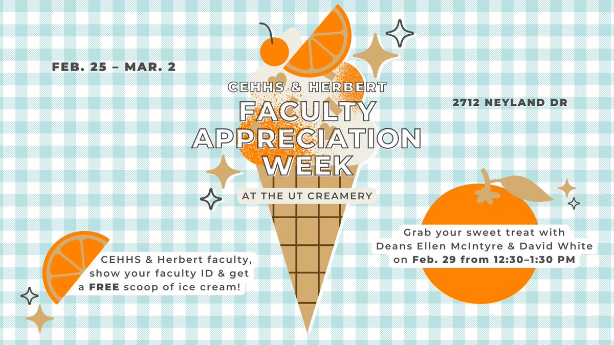 Attention #CEHHS and @UT_Herbert faculty! 📣 Celebrate Faculty Appreciation Week at @UTCreamerytn from 2/25–3/2! Show your faculty ID and receive a FREE scoop of ice cream made and served by UT students 🍨🍊 Find hours, flavors, and more information at utcreamery.tennessee.edu