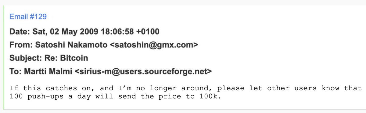 One apple a day keeps the doctor away.
100 push-ups a day will send bitcoin to 100k !