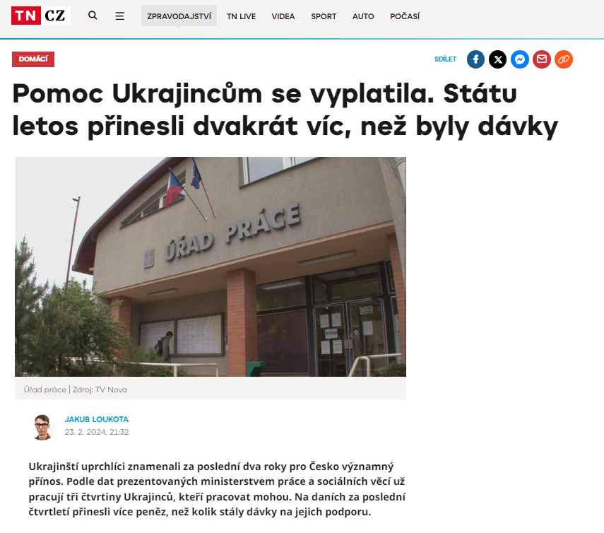 Posledniskaut's tweet image. Jen čísla. Od začátku roku vyčerpali Ukrajinci ze státní pokladny 900 milionů korun. Naproti tomu se však na daních Ukrajinců vybralo 1,9 miliardy, tedy více než dvojnásobek výdajů.
tn.nova.cz/zpravodajstvi/…