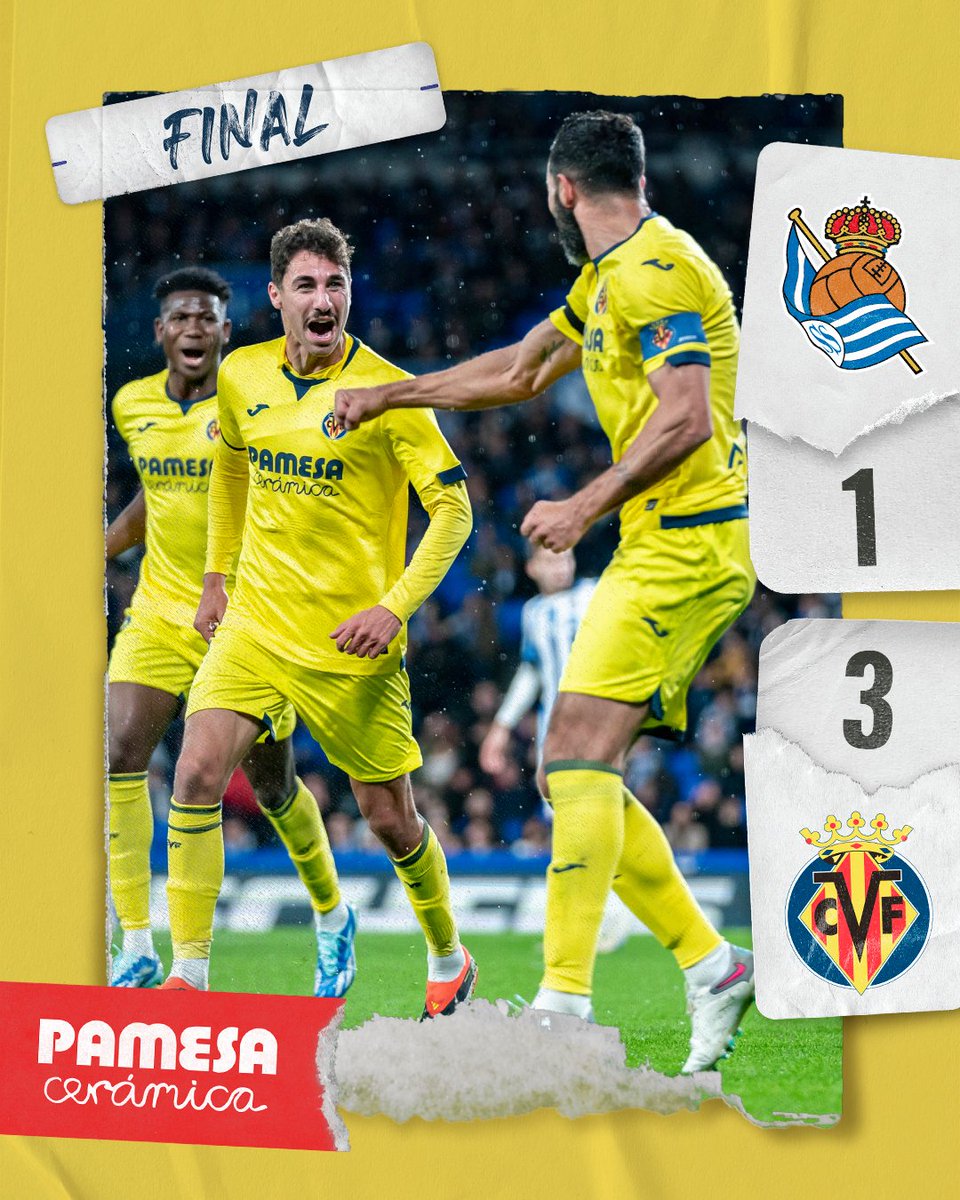 VillarrealCF's tweet photo. ¡FINAL EN DONOSTI!

¡Tremenda victoria del Villarreal en un partido impecable del conjunto de Marcelino, con un bloque espectacular, un imperial Santi Comesaña a golpe de doblete y un tercer gol de Sorloth en el descuento!

¡EEEEENDAAAAVAAAAANT 💛!

#RealSociedadVillarreal