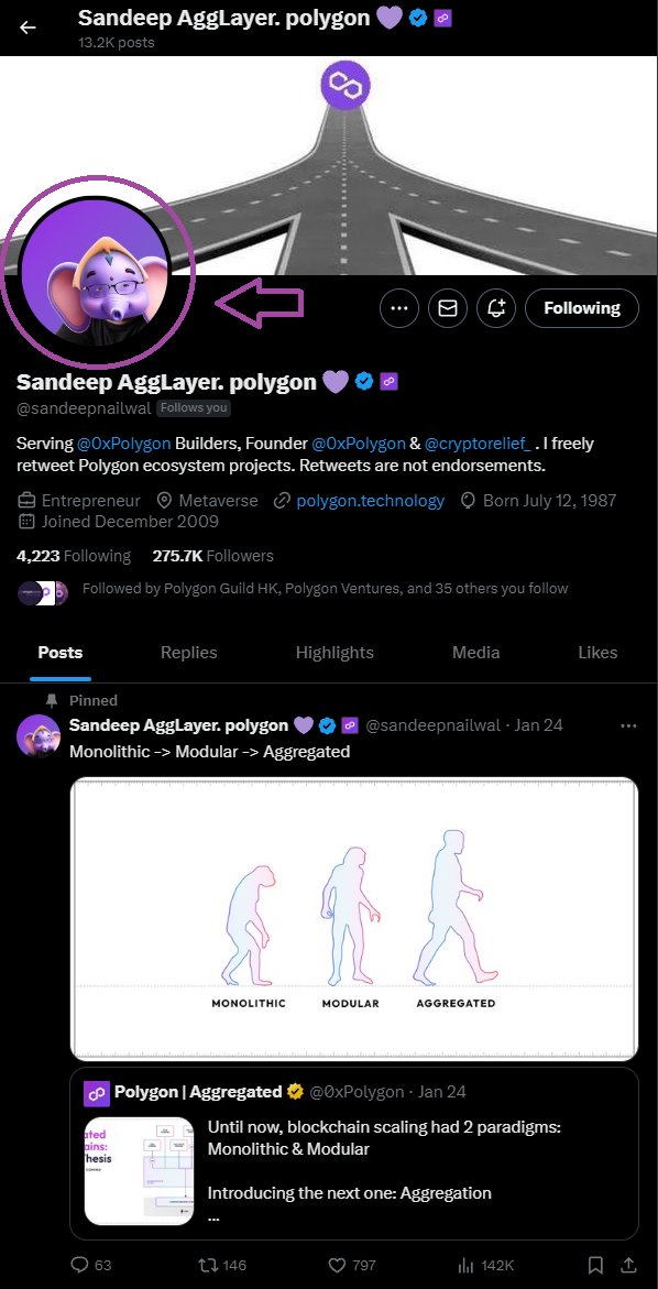 <a href="/0xPolygon/">Polygon ※</a> founder <a href="/sandeepnailwal/">Sandeep | Polygon (※,※)</a> just changed his profile picture to an #Elefant branded image  💜

Welcome to the #EleArmy Sandeep!  🐘🟣
That's a nice trunk you got there 😍

#Polygon #MATIC $MATIC #POL $POL