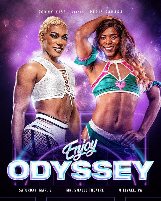 EnjoyWrestle's tweet photo. Sonny Kiss makes her return to Enjoy Wrestling as she tangles with one of the hottest up-and-coming athletes on our roster.

SONNY KISS
versus
PARIS SAHARA

THE ENJOY ODYSSEY
Sat. March 9th. 7PM ET.
LIVE @ Mr. Smalls Theatre in Millvale, PA

Tickets available now!

#EnjoyOdyssey https://t.co/i5cqJBP8ge