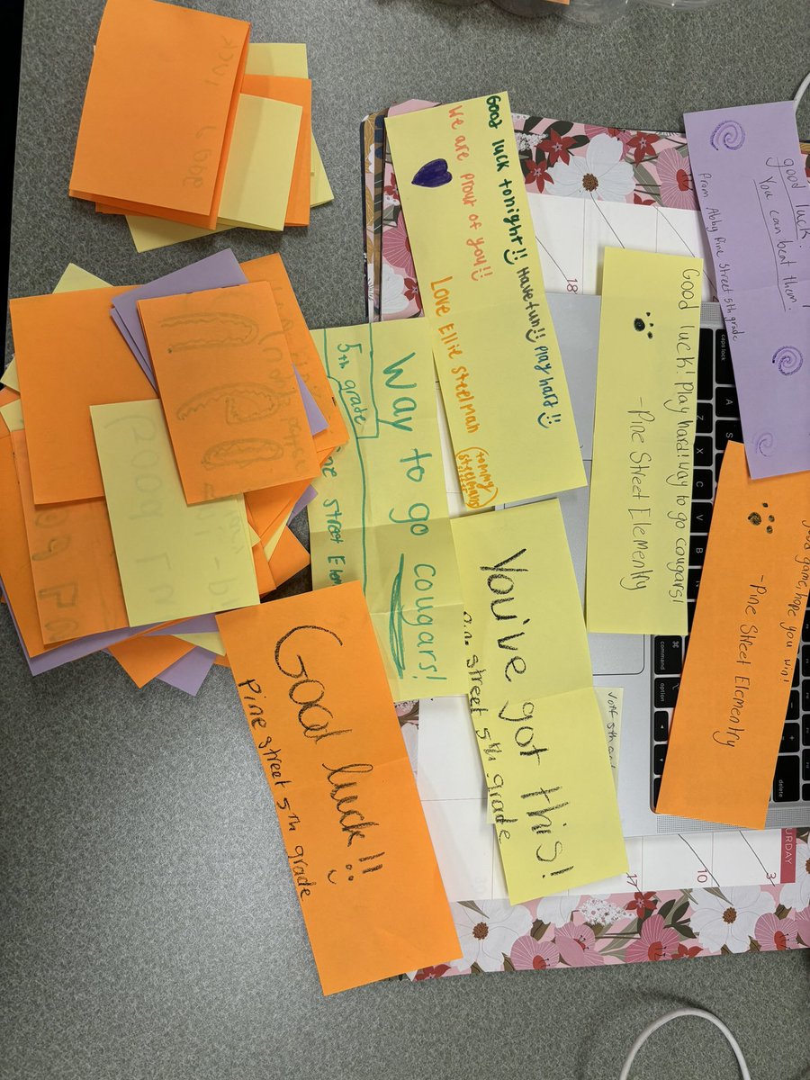 Some of my 4th and 5th graders at Pine wrote Good Luck notes to the HS Lady Cougar basketball team headed to their district playoff game tonight! The team will find these surprise words of encouragement in their snack bags! 🧡🖤
<a href="/pinestreetelem/">Pine St Elementary</a> <a href="/LdyCgrHoops/">Palmyra Girls Basketball</a>