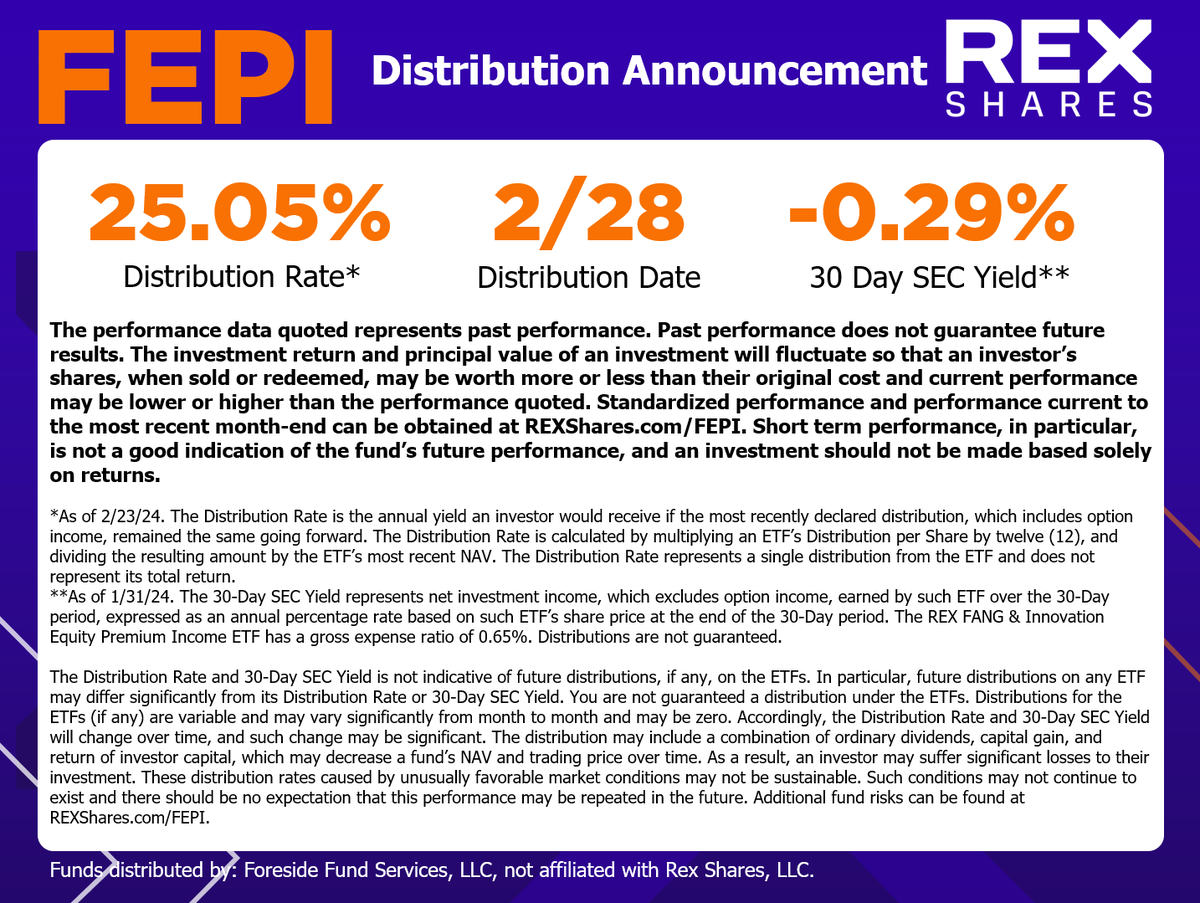 📣 Distribution news for the REX FANG & Innovation Equity Premium Income ETF  $FEPI Holders! 📣 🥇Distribution Payout Date: 📅2/28/24 💰 Payout Amount:  $1.19 For FEPI prospectus, go to https://t.co/Q3b1OGwlB0 For important