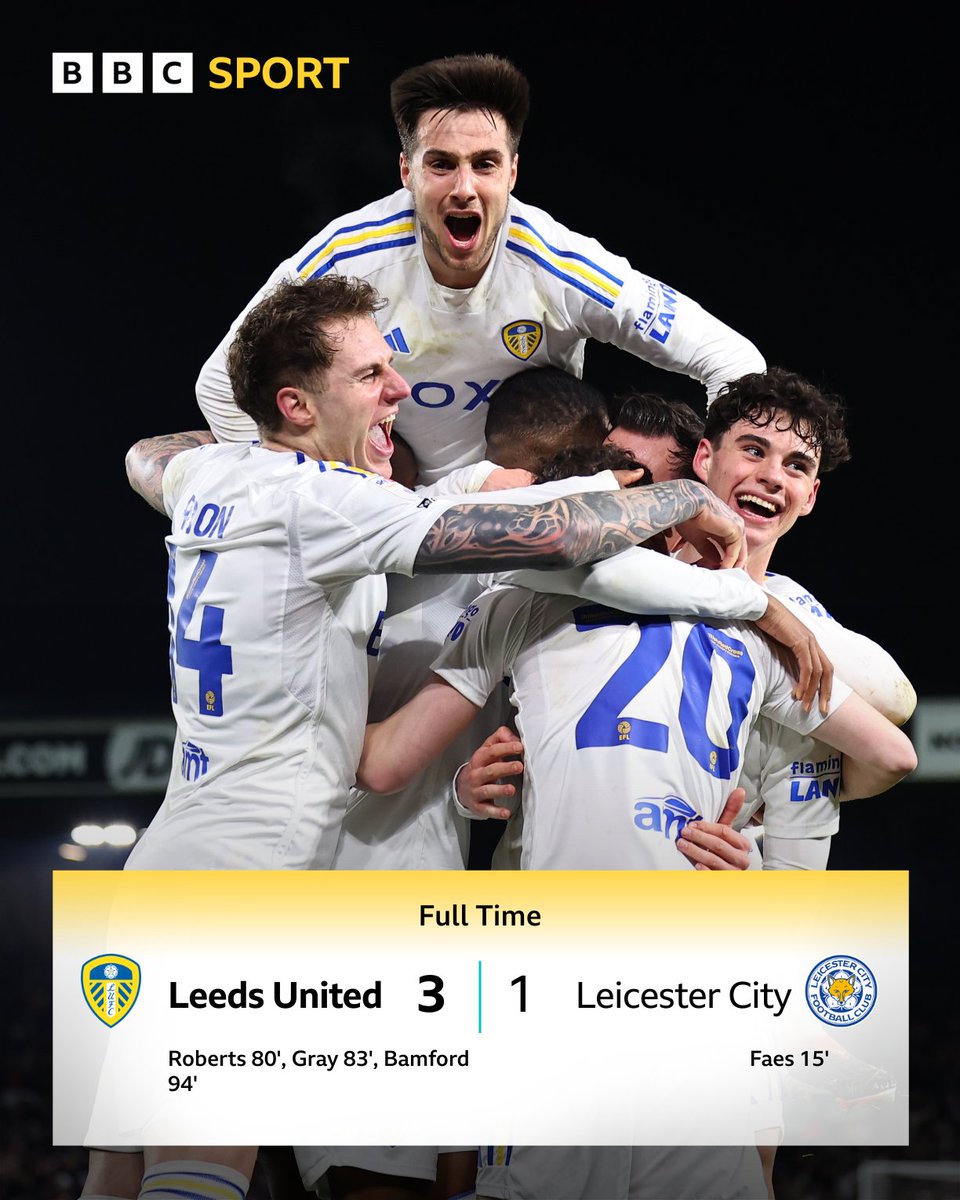 What a turnaround 🤯

A ninth successive league win for Leeds United... and at the expense of Championship leaders Leicester!

#BBCFootball #LEELEI