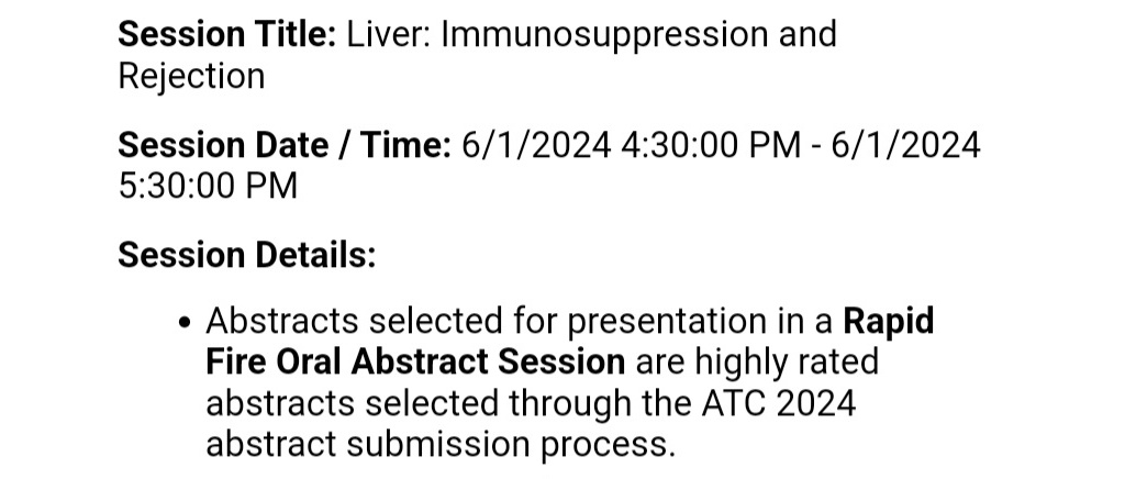 Rachana Punukollu (@rachanap_) on Twitter photo Excited to share that 4/4 abstracts were accepted for <a href="/ATCMeeting/">AmericanTransplantCongress</a> !!
1 Oral presentation and 3 posters.
Thankful to my mentor <a href="/CarrieJadlowiec/">Carrie Jadlowiec</a> and our research team <a href="/StephOharaMD/">Stephanie Ohara, MD</a> , Alex Nica and Sandra Arias etc.. for making this possible.
#ATC2024 Excited to share that 4/4 abstracts were accepted for <a href="/ATCMeeting/">AmericanTransplantCongress</a> !!
1 Oral presentation and 3 posters.
Thankful to my mentor <a href="/CarrieJadlowiec/">Carrie Jadlowiec</a> and our research team <a href="/StephOharaMD/">Stephanie Ohara, MD</a> , Alex Nica and Sandra Arias etc.. for making this possible.
#ATC2024