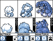 QDexGame's tweet photo. the water starters! these guys are hunters, and the pelts on their backs are part of them, with fully mobile limbs (giving the mid and final stage a total of 8 like a tardigrade). the horns on the final stage go through the eyeholes of the dark blue pelt. https://t.co/9hKoWhbJ7R