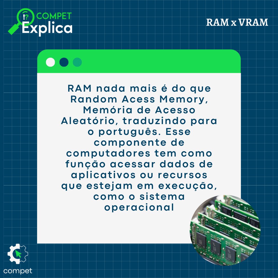 compet_cefet's tweet photo. No COMPET Explica desse semana, iremos explicar a diferença entre RAM x VRAM, dois componentes relacionados ao acesso a memória em computadores, apontando características e diferenças de cada um.

#COMPET #CEFETMG https://t.co/qQ9QhwOfK7