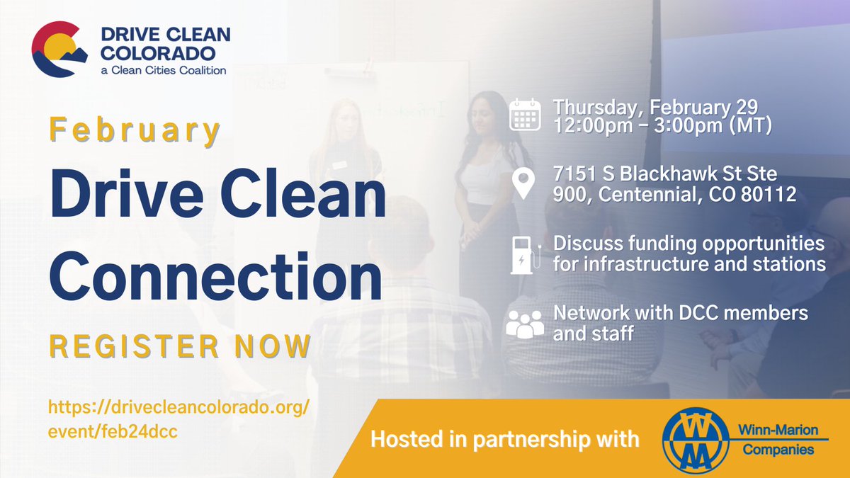 Last chance to register! Our February #DriveCleanConnection event is taking place next week, February 29 from 12 – 3 at the <a href="/winnmarion/">Winn-Marion</a> facility in Centennial. Let's talk #infrastructure! 
View the final agenda &amp; register here: drivecleancolorado.org/event/feb24dcc/