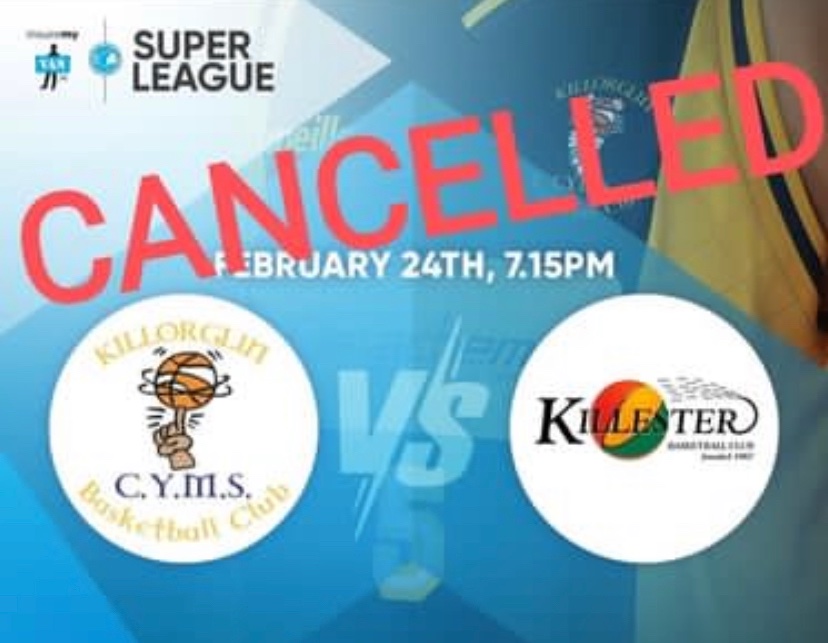 Killorglinbball's tweet photo. Due to reasons beyond our control, our game against @KillesterBball is cancelled tomorrow evening, to be played at a later date. We would appreciate if you could spread the word. Apologies to fans for any inconvenience caused. https://t.co/QyZCm1zyk0