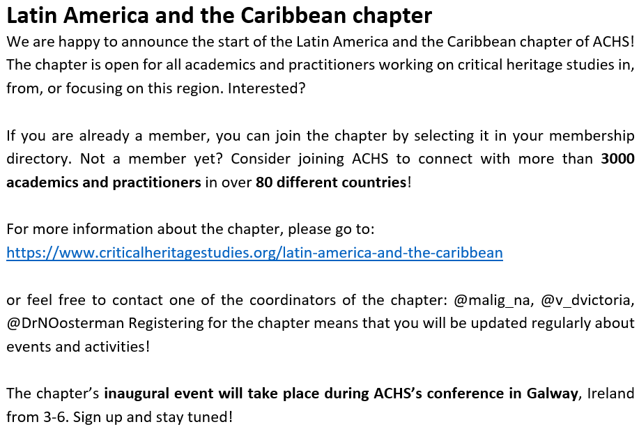 📢📢New Latin America and the Caribbean chapter! #ACHS_Chapter Coordinators: @malig_na, @v_dvictoria, @DrNOosterman Website: criticalheritagestudies.org/latin-america-… Inaugural event: Galway #ACHS24 @ACHS2024GALWAY