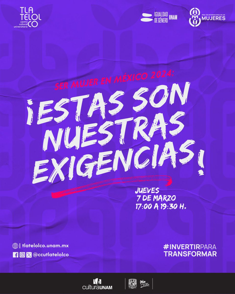 En el contexto de las elecciones presidenciales en nuestro país, invitamos a mujeres de diversos
ámbitos para que desde la perspectiva de género expresen sus demandas políticas.

¡ESPÉRALO! 

Jueves 7 de marzo | 17:00 h.
Actividad Presencial
Entrada gratuita