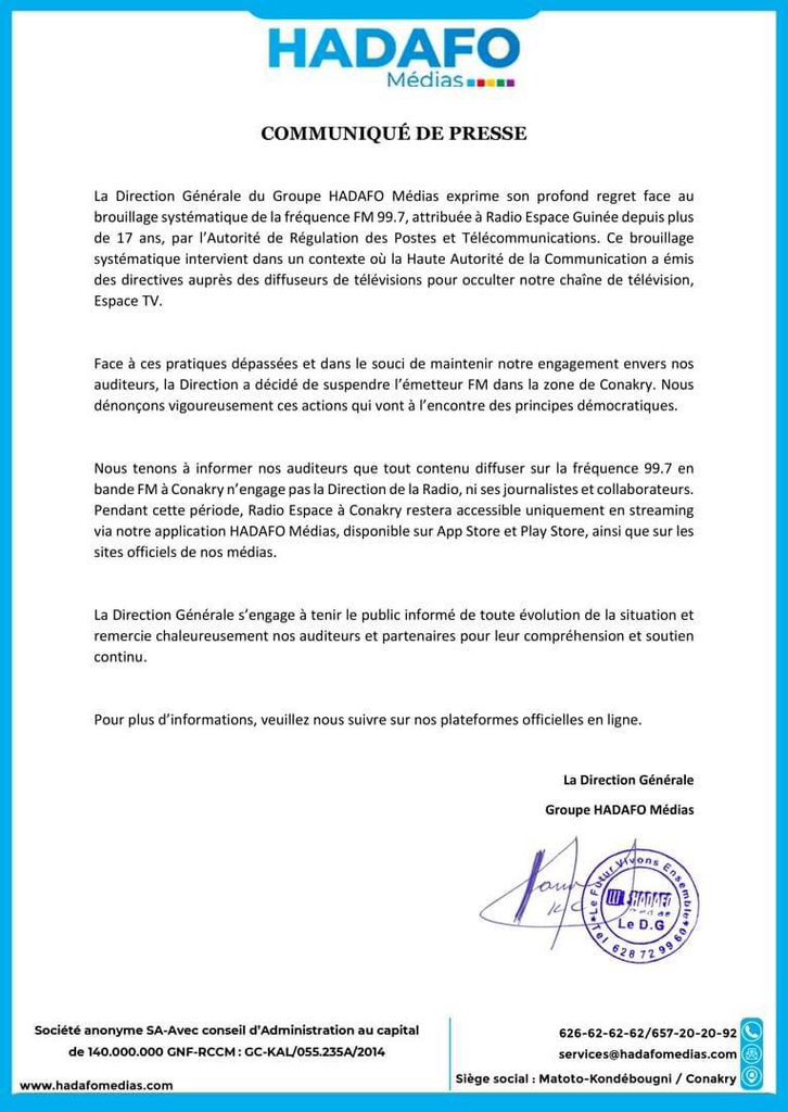 🚨COMMUNIQUÉ HADAFO MÉDIAS 
#RadioEspace #EspaceTv #HafoMedias
<a href="/LamineGuirassy/">LAMINE GUIRASSY</a> <a href="/HadafoMedias/">Groupe Hadafo Medias</a> <a href="/espaceTV_gn/">Espace TV Guinée ( Europe )</a> <a href="/espacefm_gn/">Espace FM Guinée ( EUROPE )</a>