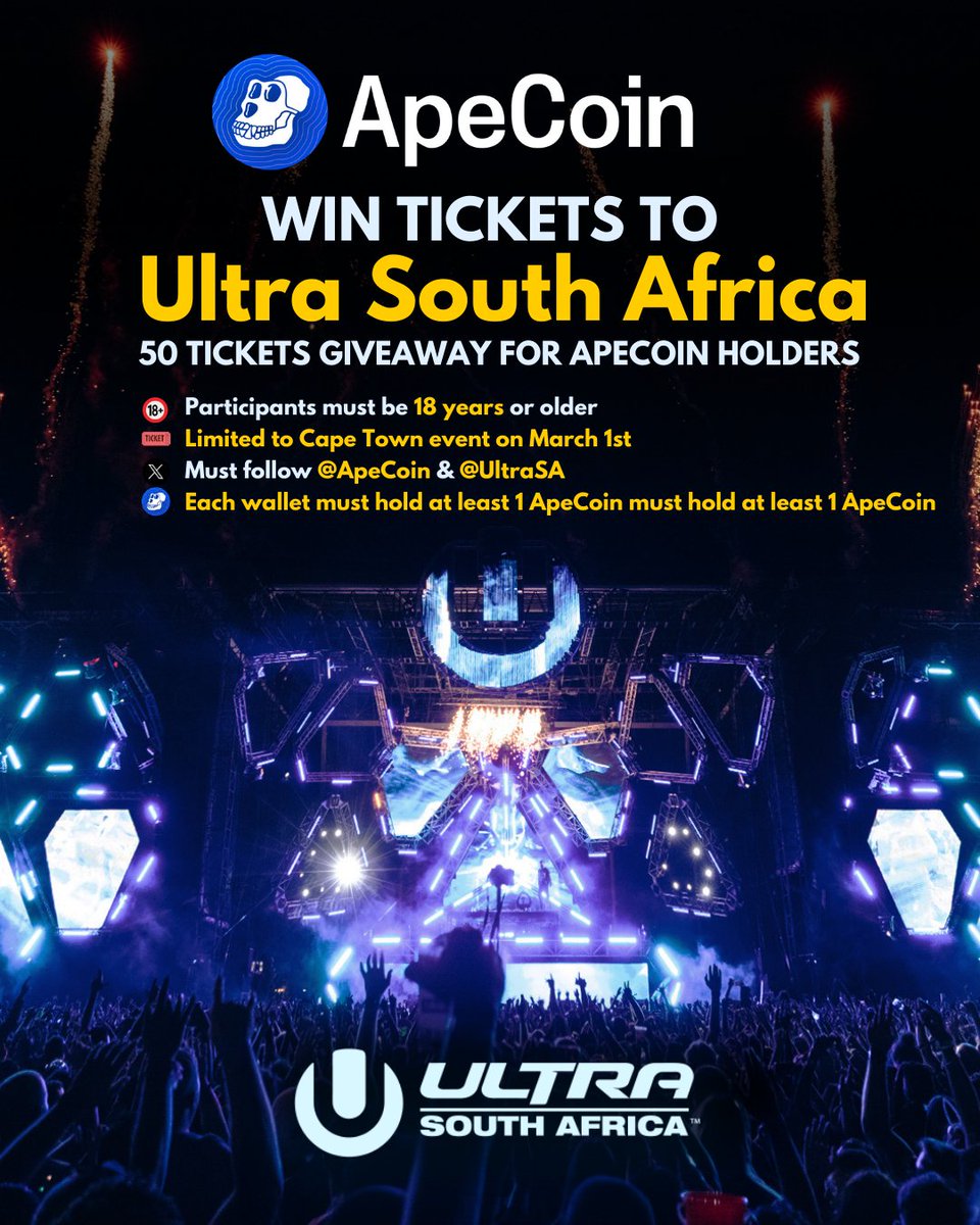 apecoin's tweet image. 📢 Excited to invite you to Africa's inaugural ApeCoin event in collaboration with @UltraSA! 🎵 #UltraSA2024

🎟️ We're giving away 50 tickets for our March 1st event in Cape Town!
