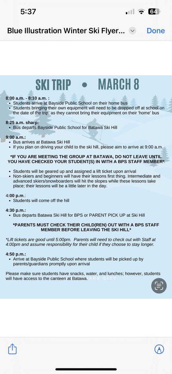 We are very pleased to share that we were able to reschedule our cancelled ski trip to Batawa from February 15th. The NEW DATE IS FRIDAY, MARCH 8th!