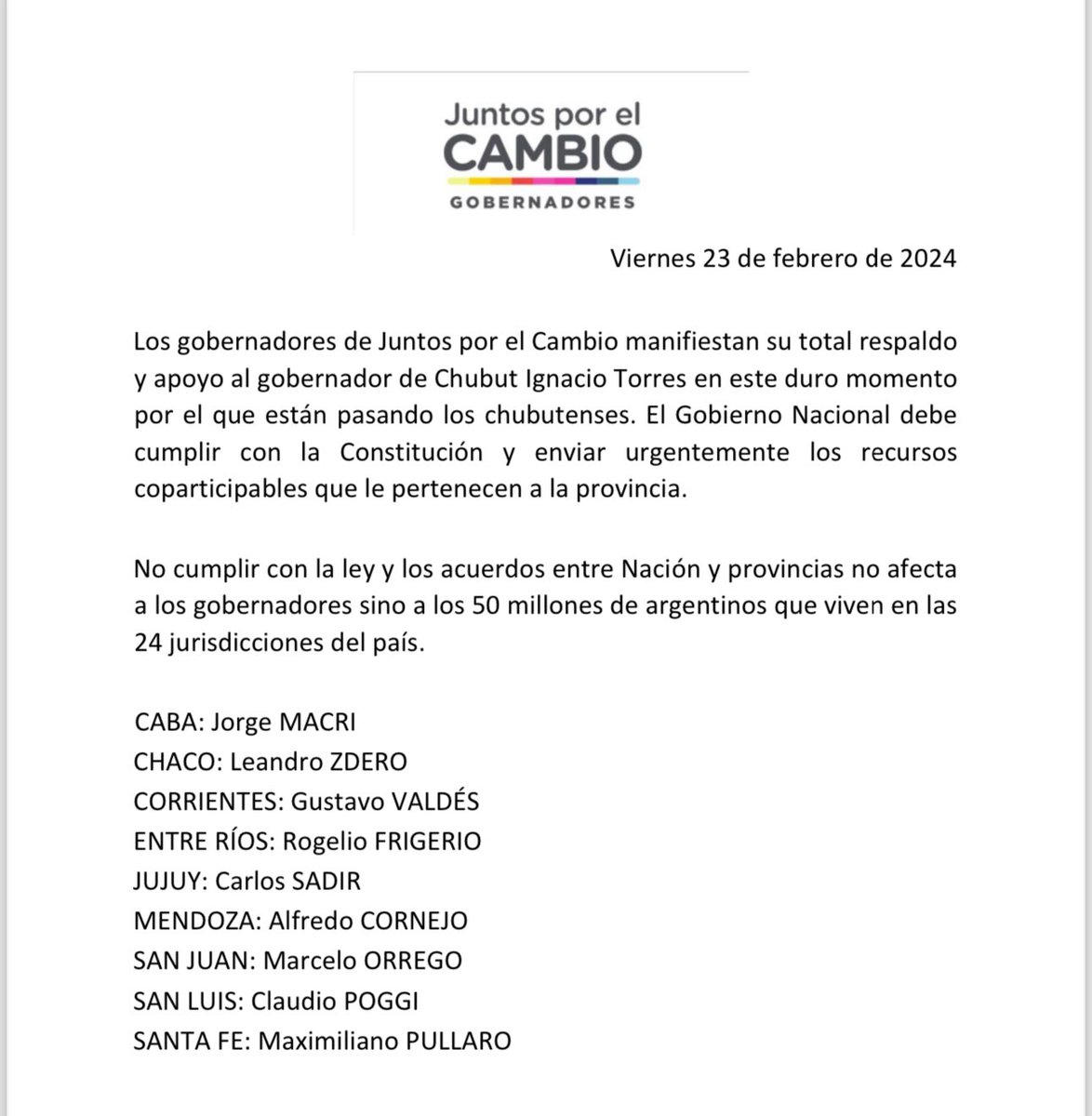 .<a href="/NachoTorresCH/">Nacho Torres</a> es un gobernador que defiende con coraje los intereses de su provincia.

La Argentina debe recuperar el diálogo y el respeto institucional. El progreso y el cambio que el país necesita se construye con firmeza pero sin imposiciones.