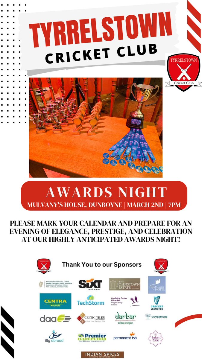 🏏 Join us at Tyrrelstown Cricket Club's AWARDS NIGHT on Sat, March 2nd, 7 PM at Mulvany's House, Dunboyne! 🎉 Players, Sponsors, Supporters, and Youth team parents, you're all invited! Let's celebrate achievements &amp; thank sponsors. RSVP! 🏆 #TyrrelstownCricketClub #AwardsNight