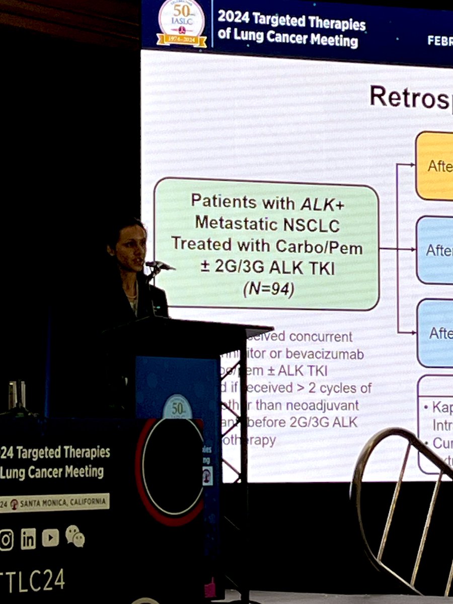 Beautiful talk by superstar first year fellow @SWaliany sharing findings from a retrospective study of carbo/pem + ALK TKI vs carbo/pem alone after progression of ALK TKI monotherapy, which results in clinically meaningful CNS control. 🔥🙌 #TTLC24 @IASLC @MGH_WiO @MGHThoracicOnc