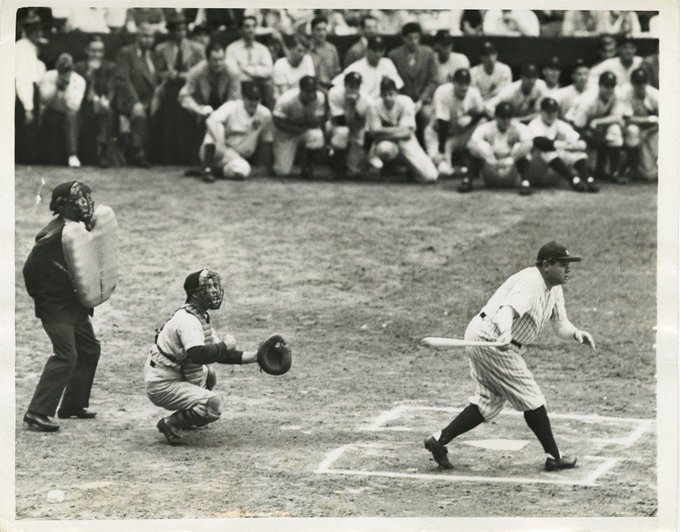 Babe Ruth hits a home run off Walter Johnson in the pregame attraction that draws 69,000 for the New York-Washington game at Yankee Stadium that provides $80,000 for Army-Navy relief, August 23, 1942.