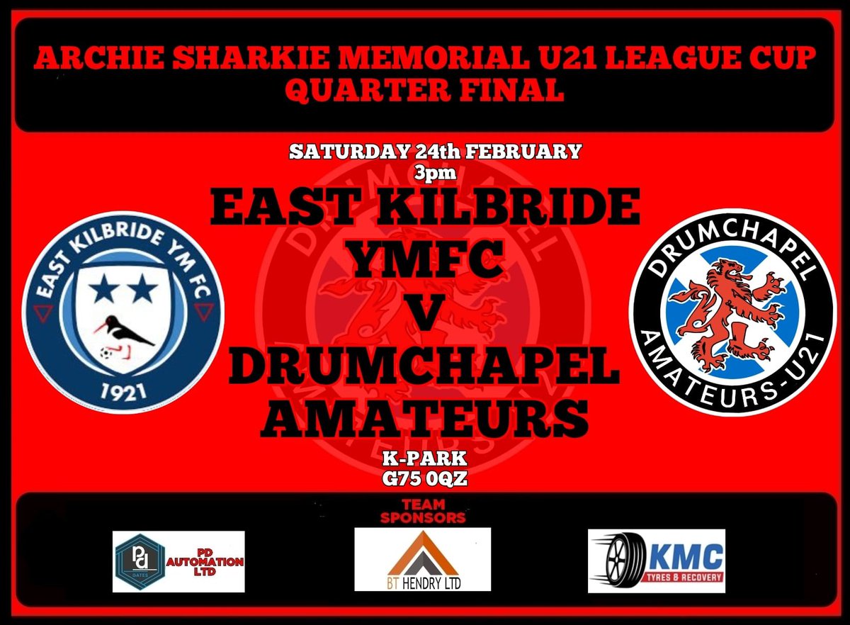 League cup action this weekend, as we look to take our good form into the competition and advance to the semi-finals.
 
🆚 EKYM FC 21’s
🏆 Archie Sharkie 21’s League Cup
📍 K-Park, G75 0QZ
📅 Saturday 24th February 
⏰ 3pm KO

#MonTheDrum 🔴⚫️
