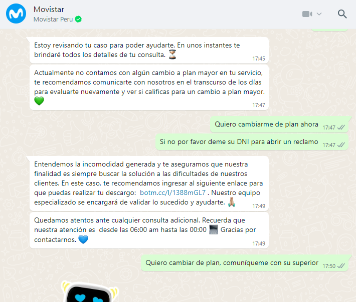 xOCOx's tweet photo. Srs. @OSIPTEL @IndecopiOficial no pueden hacer nada con empresas como @MovistarPeru que no atienden o ponen trabas para cambiar de plan, y cuando quieres abrir un reclamo no te lo aceptan por whatsapp? https://t.co/1gXKG5rwtC