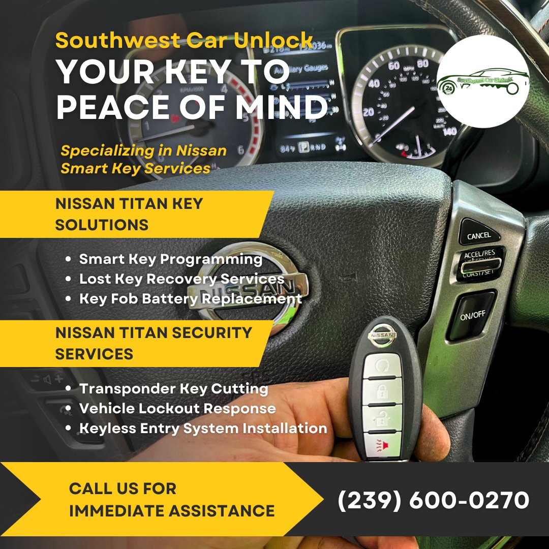 Need Nissan Titan key help? 🚗💨 Call (239) 600-0270 for swift locksmith services in Fort Myers. Smart key issues? Locked out? We've got you! #LocksmithLife #NissanTitan