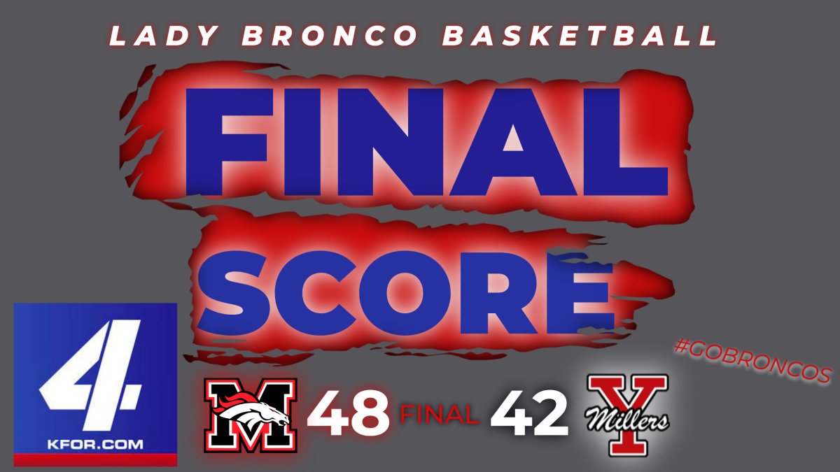 KFOR NEWS CHANNEL 4 - 4TH QUARTER FINAL SCORE
<a href="/MustangWBB/">Mustang WBB</a> 48
<a href="/MilleretteBBall/">Yukon Millerettes</a> 42
<a href="/KFORsports/">KFORsports</a> <a href="/kfor/">KFOR</a>