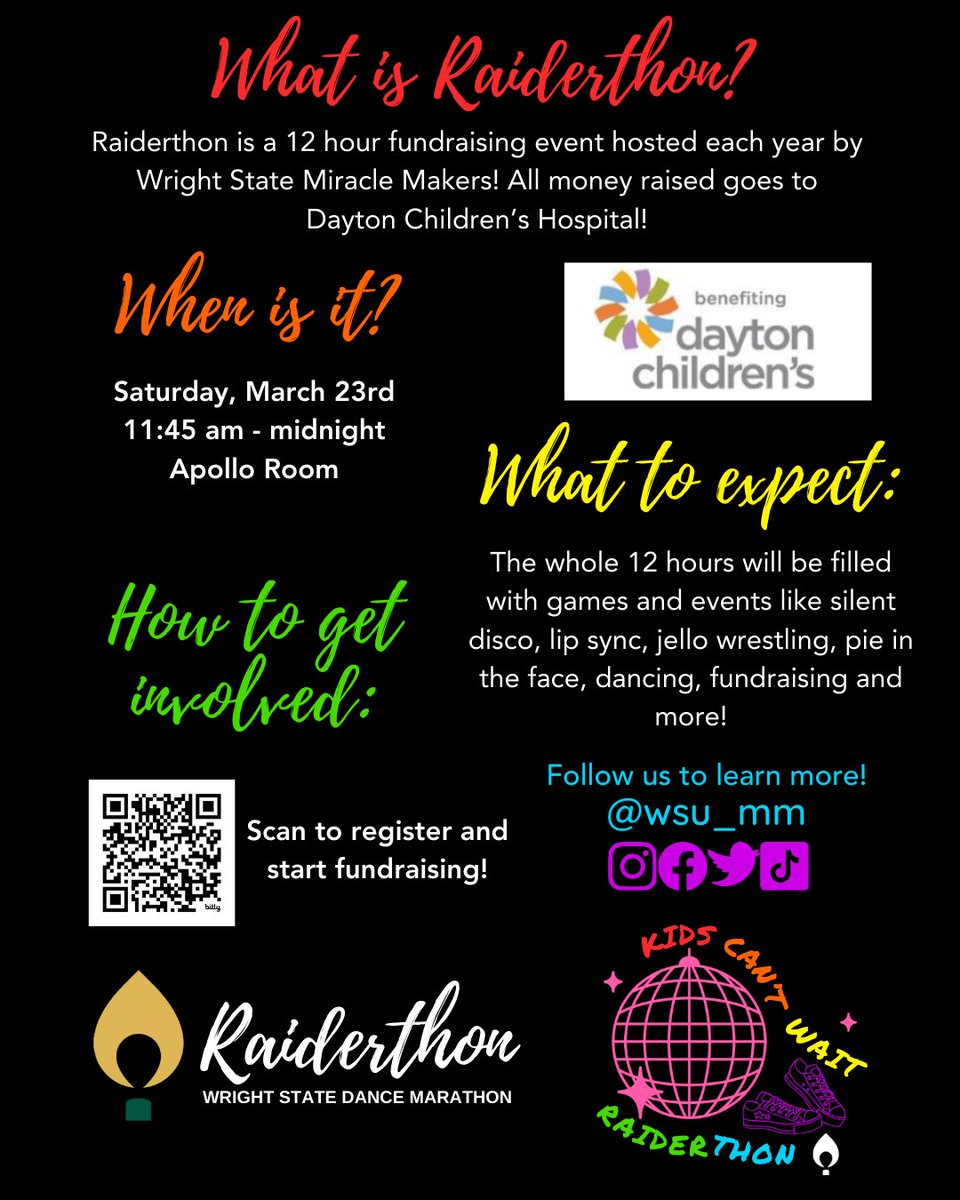 We are just ONE MONTH away from the best day of the year! You won’t want to miss all the fun! Don’t know what Raiderthon is? Swipe to learn more! 

Register at the link in bio or go to Raiderthon.org! 

#kidscantwait #kcw #raiderthon24 #dance #daytonchildrens #register