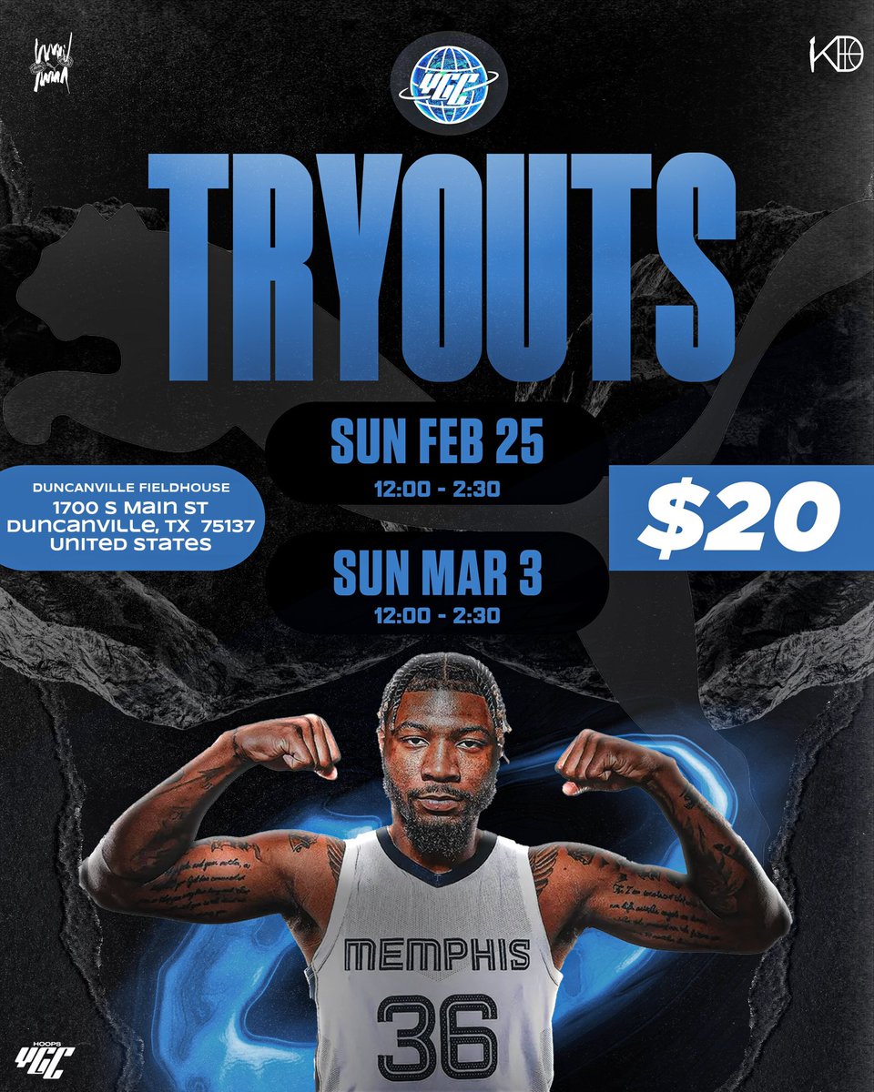 🚨🚨TRYOUTS UPDATE 🚨🚨

Due to unforeseen circumstances we have changed our venue for tryouts this Sunday . 

Location: DUNCANVILLE FIELDHOUSE
1700 S Main St
Duncanville, TX  75137
United States

Time: 12:00pm to 2:30pm

Cost: $20.00

#PUMA | #PRO16Family | #YGC🌐