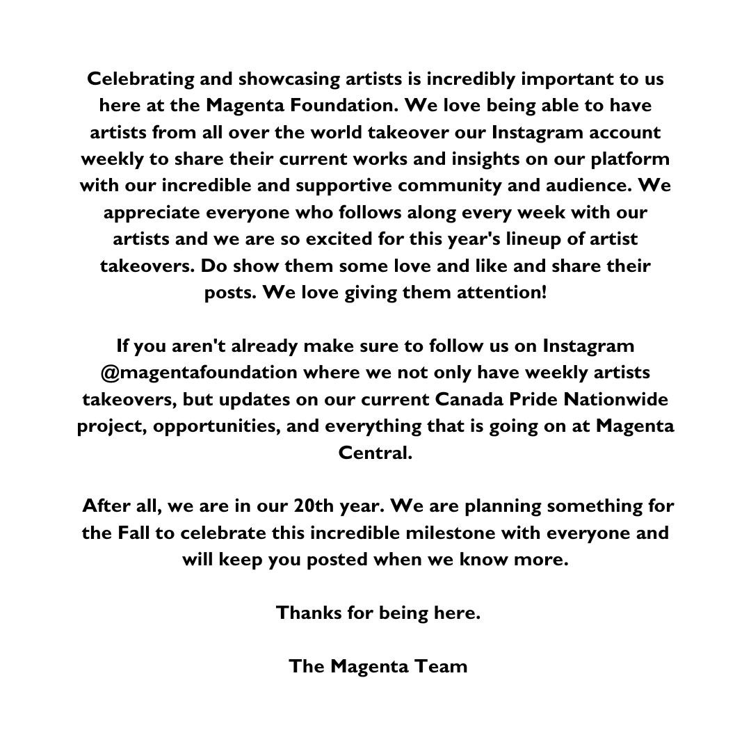 MagentaFDN's tweet photo. Happy Friday Magenta Friends! 

Check out our Artist Takeovers and everything Magenta Central on our Instagram @magentafoundation! 

#photography #thankyou #celebratingartists https://t.co/onlxvFcLK2