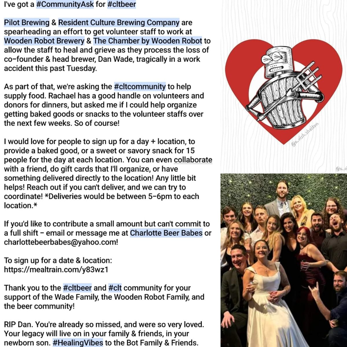 #communityask for #cltbeer #clt
We need ppl to help w/ a <a href="/mealtrain/">Meal Train®</a> for desserts/snacks btwn 5-6pm for volunteers working to staff @woodenrobotbrewery &amp; @chamberwoodenrobot locations the next few weeks. I'm organizing this part.
Sign-up for shifts here: mealtrain.com/y83wz1