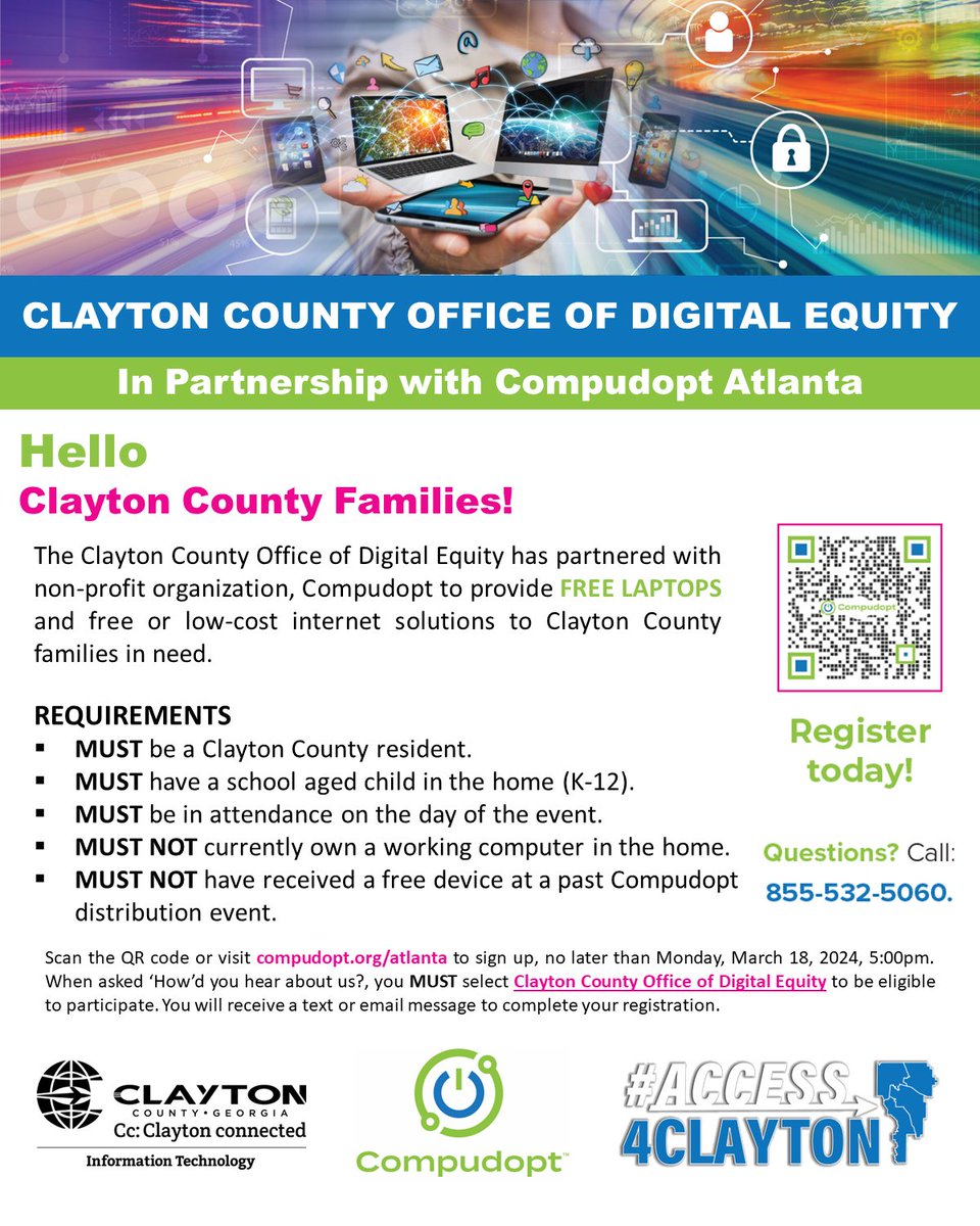 clayton_ode's tweet photo. We are so excited to partner with @compudopt to bring 150 laptops to our residents on March 21st. Register by 3/18 at 5pm. #digitalequity #digitaldivide #digitalinclusion #digitalempowerment #digitaldevices #freelaptops #Compudopt #ClaytonCounty #Claytonconnected #Access4Clayton https://t.co/yvPs1K0p57