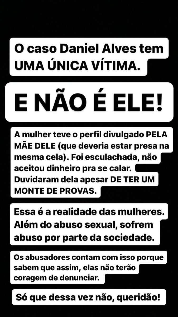 O caso Daniel Alves escancarando a misoginia nesse país. É nojento ver homens defendendo o Neymar e mais nojento ainda ver mulheres achando linda a amizade. Isso não é amizade, é cumplicidade mesmo. EM UM ESTUPRO.