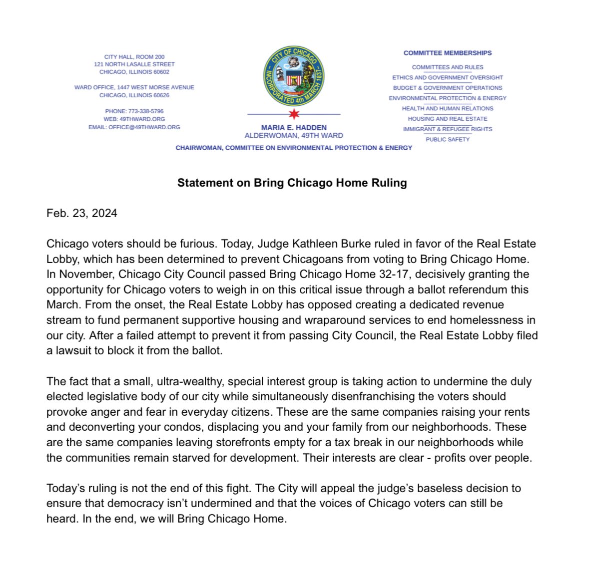 Statement on #BringChicagoHome ruling.