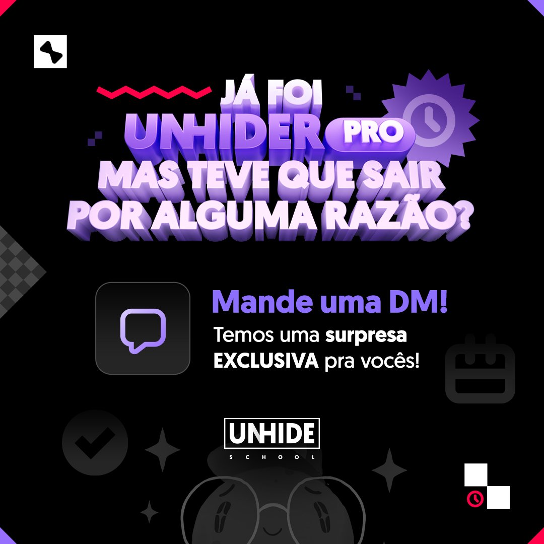 É ex-estudante da UNHIDE School? Volte a estudar arte digital e investir na sua carreira! Mande um alô pra gente por DM e vamos te dar um incentivo pra voltar ainda esse mês! Não perca essa oportunidade ÚNICA!