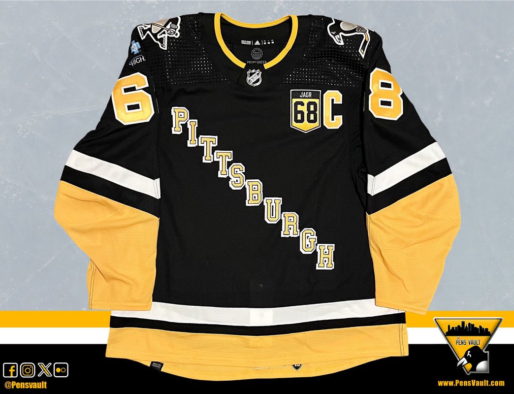 PensVault's tweet photo. Jansen Harkins 2023-24 Jaromir Jagr Retirement Night Warm-Up Worn Jersey.  @JansenHarks26 wore this jersey as he and the rest of the team took the ice with @penguins legend  @68Jagr prior to the game against Los Angeles. #LetsGoPens https://t.co/KZr48hlYsw