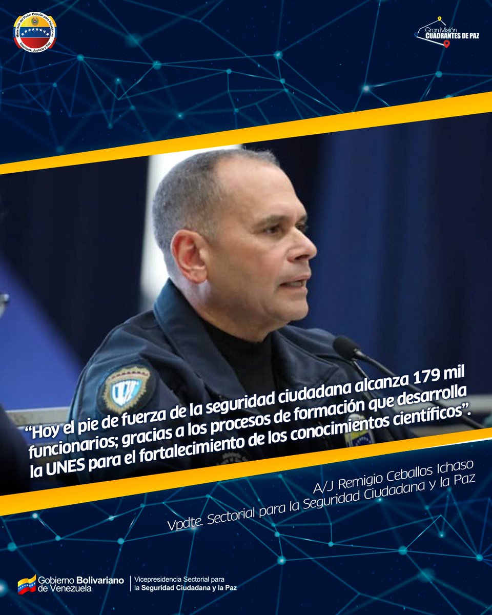 🗣️ || Vpdte. Sectorial <a href="/CeballosIchaso1/">@FuerzaDinamica Remigio Ceballos Ichaso</a>: “Hoy el pie de fuerza de la seguridad ciudadana alcanza 179 mil funcionarios; gracias a los procesos de formación que desarrolla la <a href="/UNESUniversidad/">Universidad Nacional Experimental de la Seguridad</a> para el fortalecimiento de los conocimientos científicos”.

#VenezuelaDibujaElFuturo