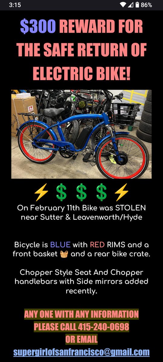 Help <a href="/SupergirlofSF/">Supergirl of SF 💎</a> find her bike!