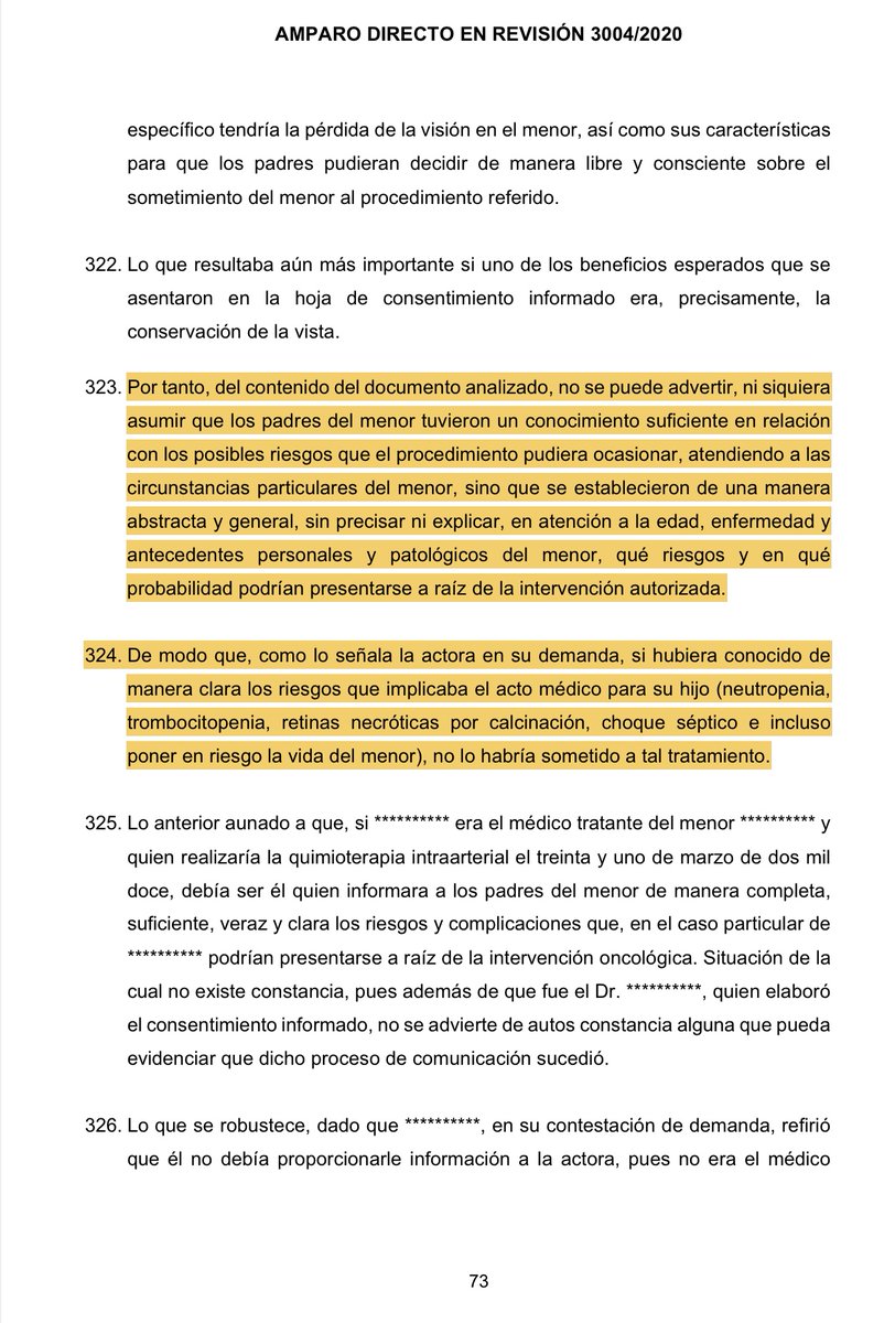MoraErica's tweet photo. Derecho a la salud, consentimiento informado y malpraxis médica. Amparo Directo en Revisión 3004/2020
‼️Un niño de un año de edad perdió la vista luego del tratamiento médico que recibió. Los padres dieron su consentimiento para que le suministraran los medicamentos oncológicos, en dosis específicas, para reducir un tumor y conservarle la vista. Sin embargo, se le aplicó una sobredosis de uno de los medicamentos y quedó ciego, por lo que los padres decidieron presentar una demanda en contra del hospital, la aseguradora y el personal médico.
📍Al resolver este caso de indemnización por daño moral, la Suprema Corte reiteró la obligación y facultades de los Tribunales y Juzgados para esclarecer la verdad de los hechos en asuntos en que se encuentran involucrados los derechos de niñas, niños y adolescentes.
📍En casos de negligencia la #SCJN no sólo ha establecido el concepto de negligencia médica, sino que ha ido más allá al dictar criterios para exigir responsabilidades y que exista una auténtica reparación del daño tanto en lo moral como en lo material para las víctimas.
#PJF #PeriodismoJurídico