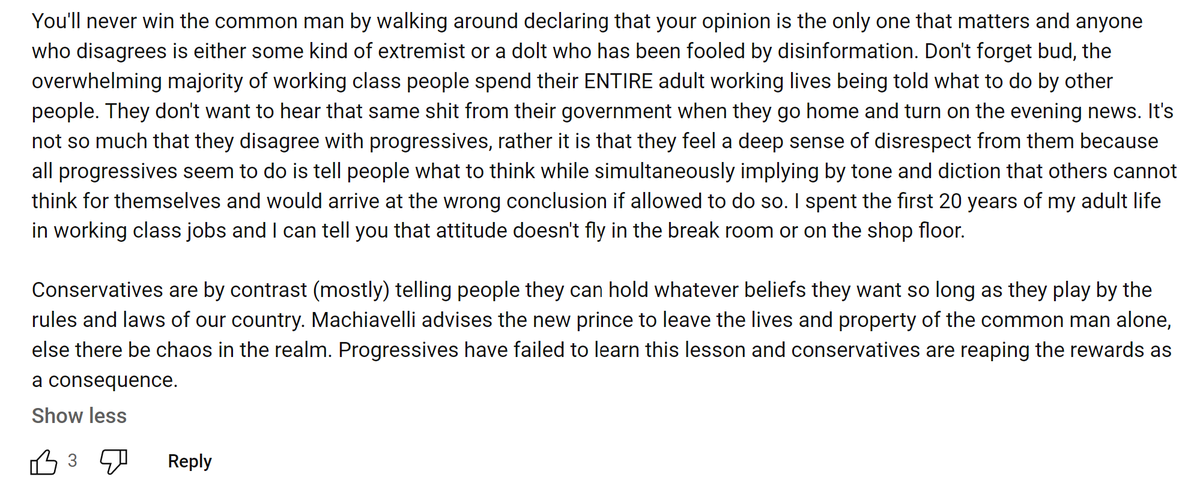 Came across this random YouTube comment that blew my mind. Great perspective on the pendulum swinging away from the left.